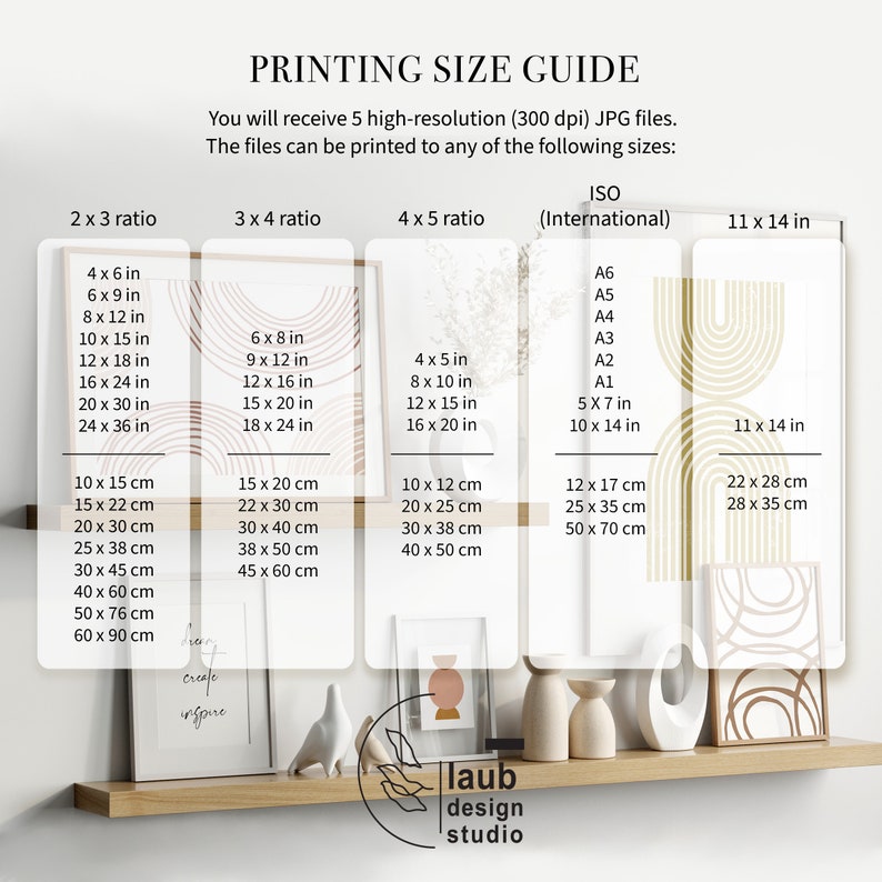May include: A guide to printing sizes for digital art prints. The guide shows different aspect ratios and corresponding measurements in inches and centimeters. The image also shows a shelf with three framed prints featuring abstract geometric designs in beige and brown.