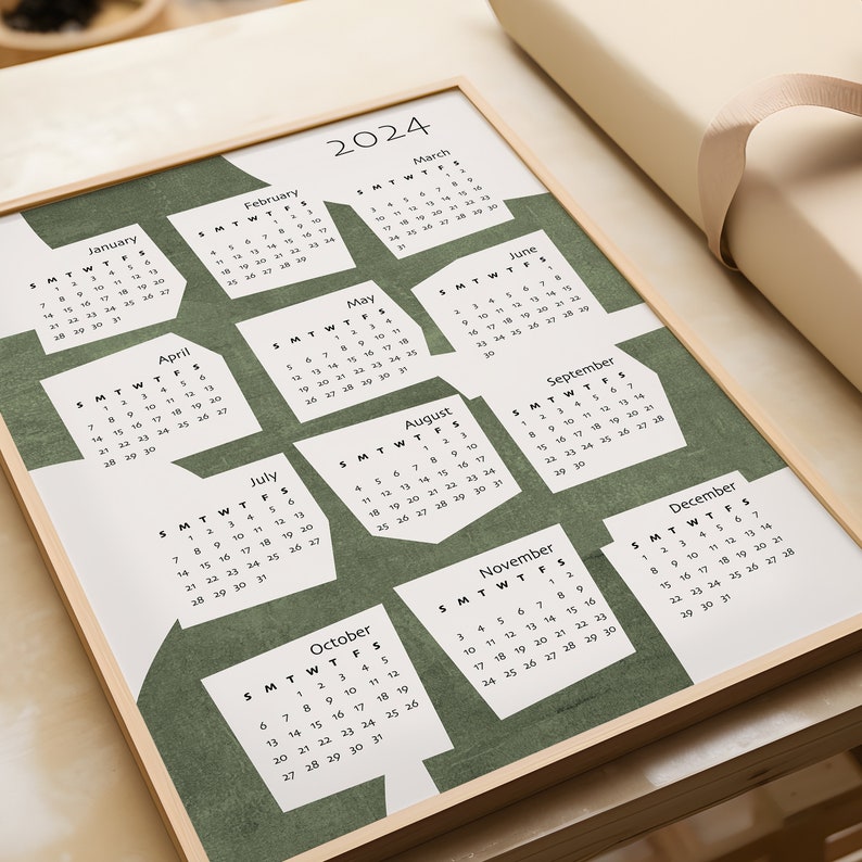 Wall Art Calendar Year 2024 Begins Sunday and Monday Mid-century Green ...