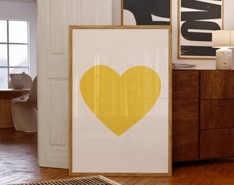 Mid Century Valentine Day Yellow Heart Wall Art, Retro Funky Urban New York Vibe Printable Minimalistic Print, Instant Download, Kids Room