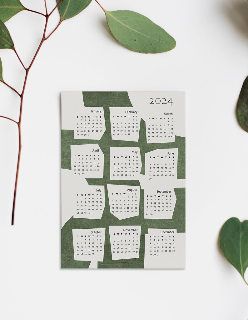 Wall Art Calendar Year 2024 Begins Sunday and Monday Mid-century Green ...