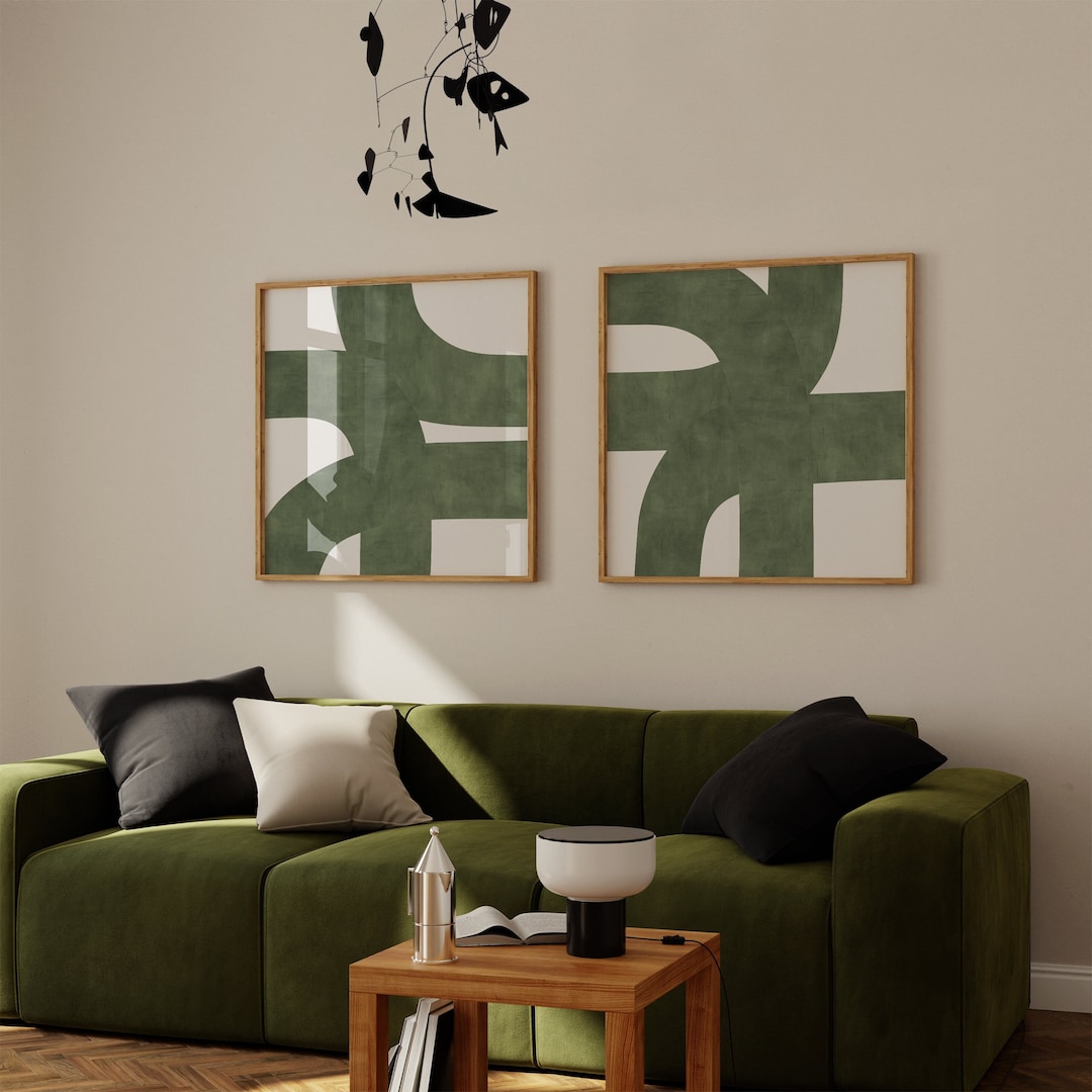 Mid-century Modern Green Abstract Art Prints: Minimalist Wall Art Set ...