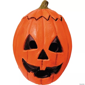May include: Orange Halloween pumpkin with carved eyes, nose, and a smiling mouth. The pumpkin has a green stem and is a classic decoration for the fall season and Halloween.