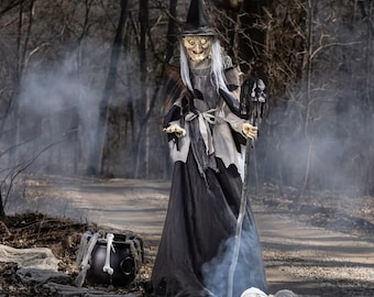 May include: A Halloween witch decoration in a long black dress and pointed hat, holding a skull-topped staff. The witch has white hair and a scary face. A cauldron, bones, and skulls are on the ground, with fog in the background.