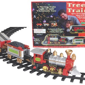 May include: A red and silver battery-operated toy train set with a track that can be adjusted to fit a 6 to 7.5 foot tall Christmas tree. The train includes a locomotive with a flashing headlight, a coal car, and a caboose. The train is battery operated and has a smoking action. The box includes the text "Tree Train".