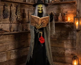 May include: A life-sized witch figure with green skin, long grey hair, and a black pointed hat. The figure wears a tattered grey and black robe, holds an open brown book, and has a small red pouch hanging from a rope belt around the waist.