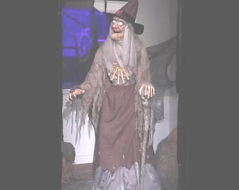 May include: A Halloween witch decoration with a pointed hat, long grey hair, and a tattered brown and grey dress. The witch has glowing white eyes and holds a staff with a skull. A spooky Halloween decoration.
