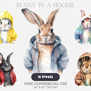 Rabbit in a Hoodie Clipart PNG, Scrapbooking, Card Making , Bunny Bundle Commercial Use Instant Download, Bunny Clipart Easter images