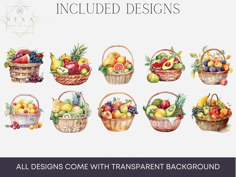 Fruit Basket Watercolor, Digital Downloads, Fruit Basket Clipart, Fruit