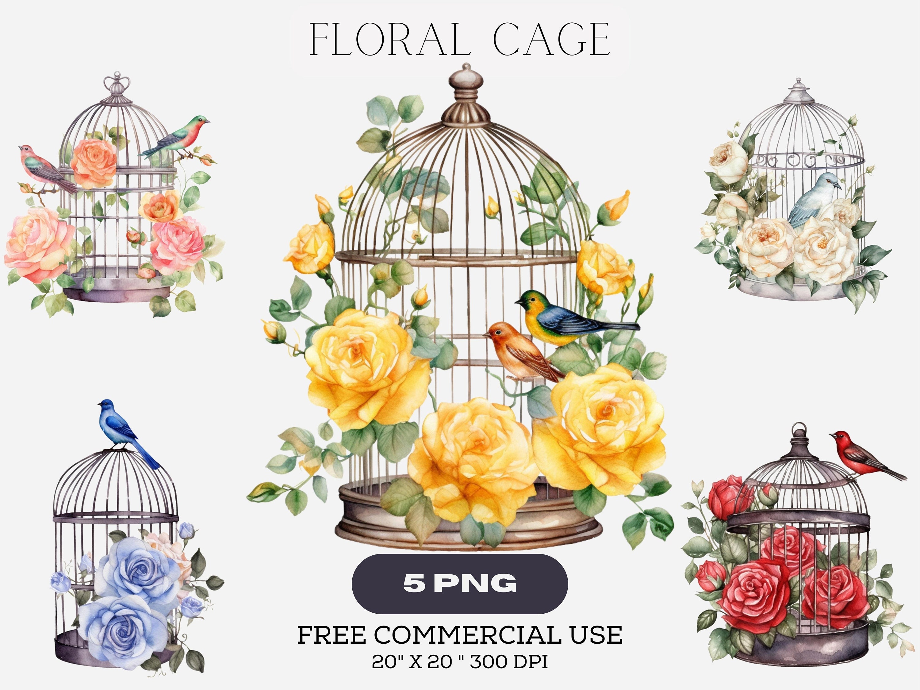 Birdcage with lilies png, watercolor Romantic Floral cage