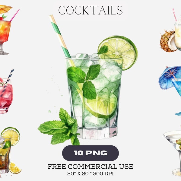 Cocktail png, cocktail clipart, mojito png, pina colada, martini, fruity cocktail clipart, summer PNG, Party Clip art, Commercial use PNG