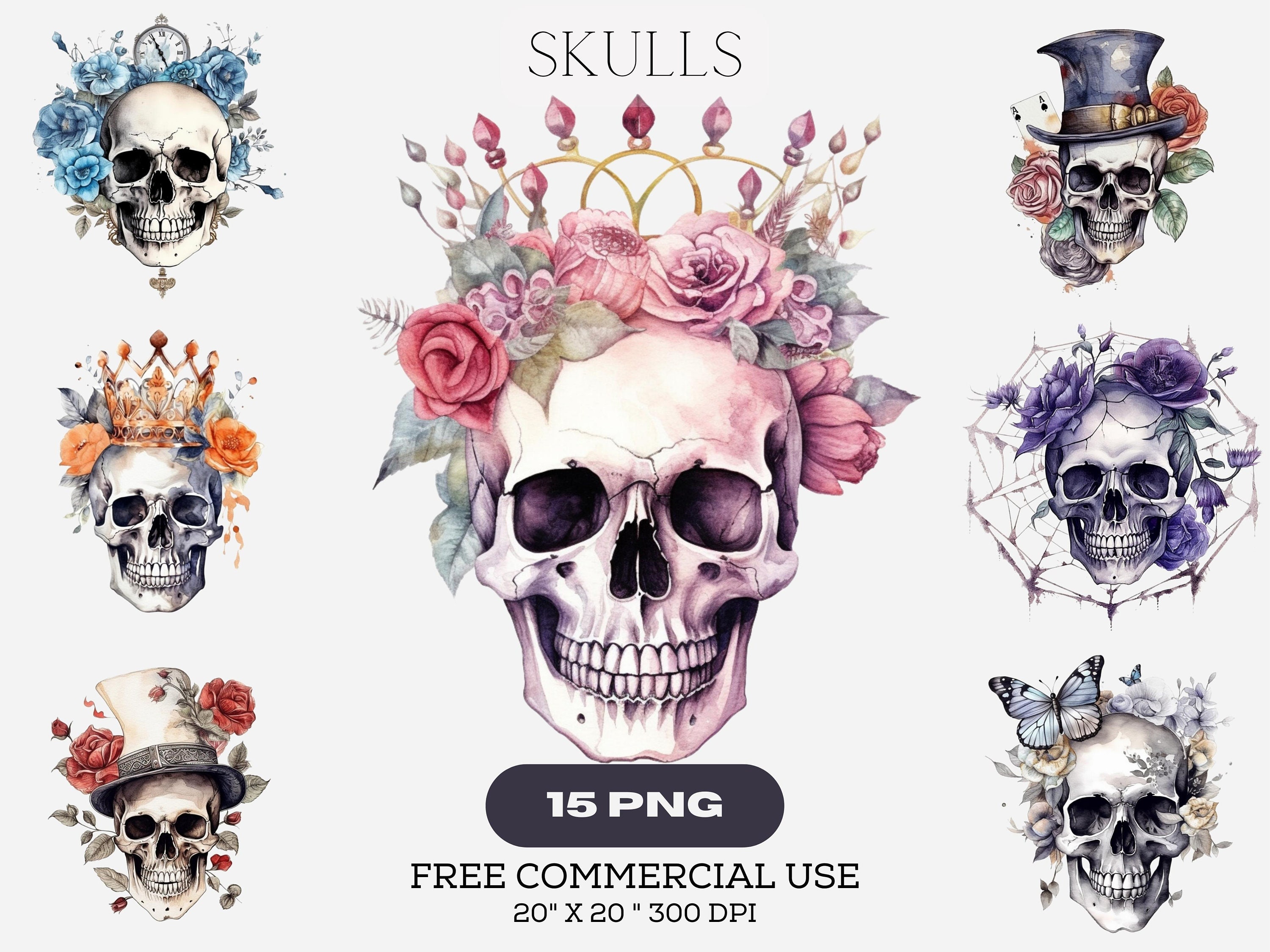 Skull with flowers Floral skull Sublimation designs PNG files Watercolor  clipart Sublimation transfers Downloadable print Tshirt design png