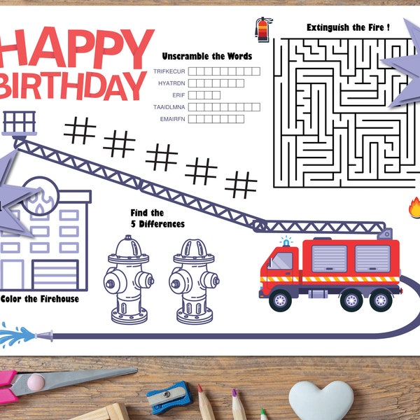 Firetruck Birthday Party Placemat / coloring activity sheet for kids  - Games and Puzzles - Instant Download