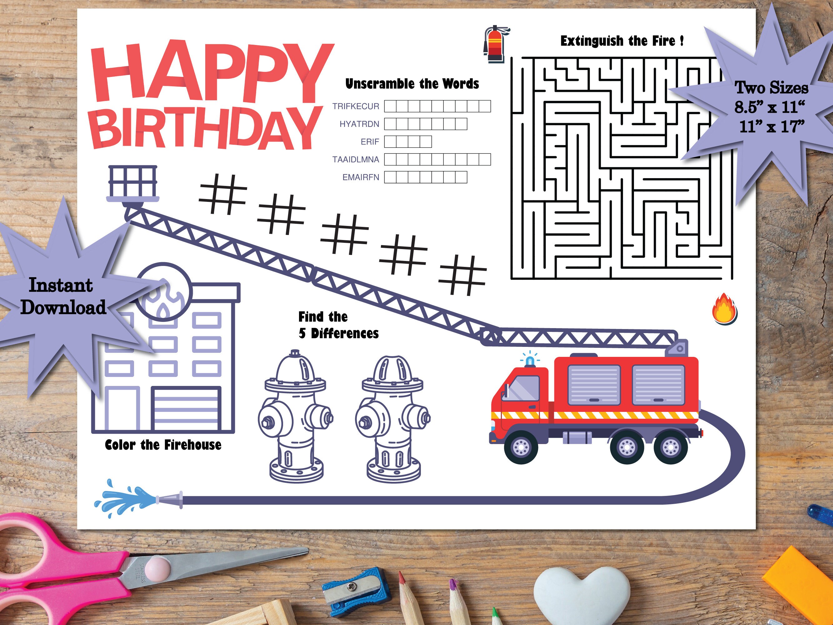 Firetruck Birthday Party Placemat / Coloring Activity Sheet for Kids ...