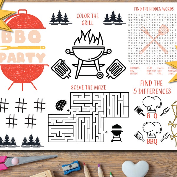 BBQ Party Time Placemat - Coloring Sheets / Activities for kids - Instant Download