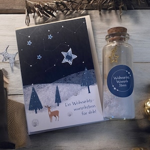 Weihnachtswunschstern, Glücksbringer in kleinem Glasfläschchen mit Schneedekoration und kleiner Karte  als kleines Geschenk für Weihnachten