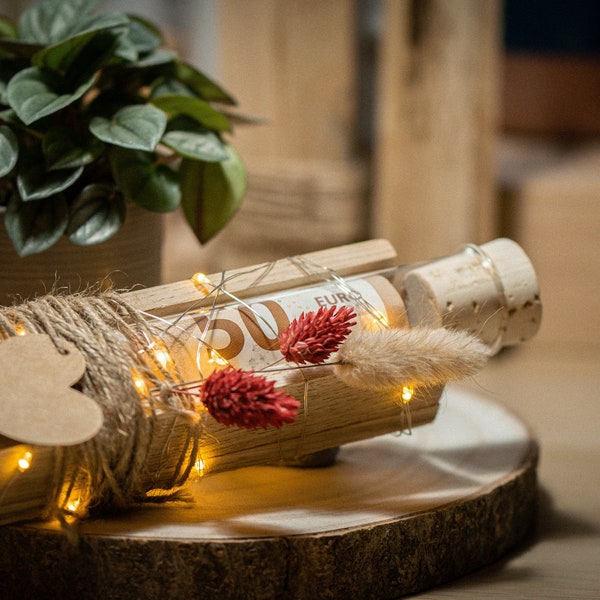 Geldgeschenk Hochzeit, Geld verschenken zur Hochzeit, Trauzeugengeschenk, Geldgeschenk Reagenzglas mit Trockenblumen und Licht,