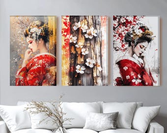 Japanese Geisha Triptych Wall Art: Abstract Boho Decor
