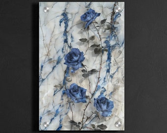 Blue Roses Acrylic Glass Wall Art: Elegant Floral Decor