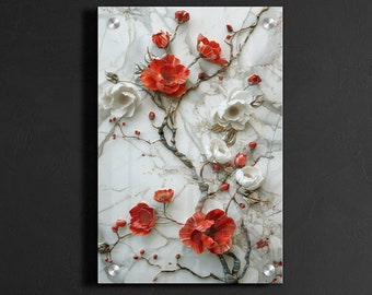 Red Blossom Acrylic Print: Elegant Floral Wall Art, Luxury Glass Decor
