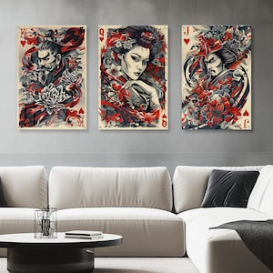 3er Set K Q J Acrylglas oder Metallgerahmte Kunst, König, Königin, Poker, Blackjack, Kasino, Spielkarte Wand Triptychon Gaming Bett Wohnzimmer