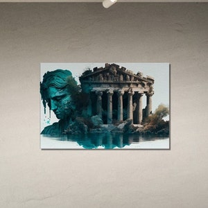 Puede incluir: Una impresión de arte digital que presenta una pintura de acuarela verde y azul de la cara de una mujer y un edificio de piedra con columnas. La imagen está sobre un fondo blanco.