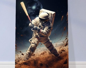Baseball Astronaut Metal Print, Surreal Space Art Poster