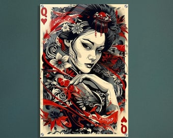 Queen of Hearts Japanese Art: Red & Black Wall Decor