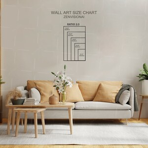 Puede incluir: Una tabla de tallas para arte de pared con el t&iacute;tulo "Wall Art Size Chart" y el texto "Zenvisionai" y "Ratio 2:3". La tabla muestra diferentes tama&ntilde;os de arte de pared en pulgadas y cent&iacute;metros.