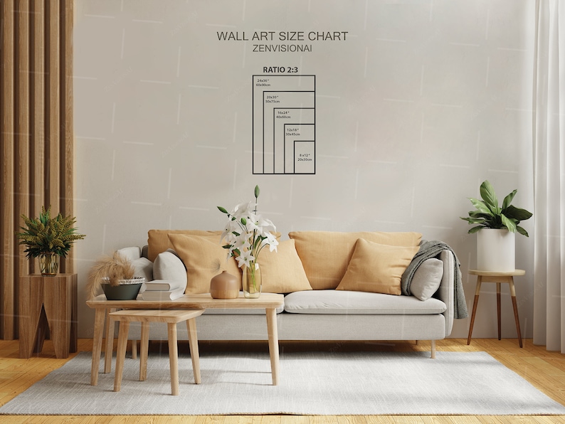 Puede incluir: Una tabla de tallas para arte de pared con el t&iacute;tulo "Wall Art Size Chart" y el texto "Zenvisionai" y "Ratio 2:3". La tabla muestra diferentes tama&ntilde;os de arte de pared en pulgadas y cent&iacute;metros.