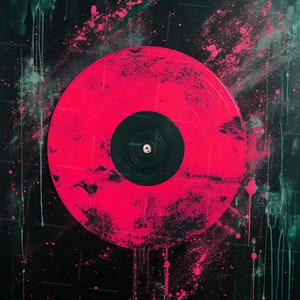 Puede incluir: Un disco de vinilo rosa con una etiqueta central negra sobre un fondo oscuro con salpicaduras de pintura rosa y verde.