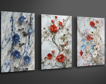 Floral Acrylic Art: Rose Triptych Wall Decor Set of 3