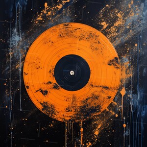Puede incluir: Un disco de vinilo naranja vintage con una etiqueta central negra sobre un fondo oscuro con salpicaduras de pintura naranja y azul.