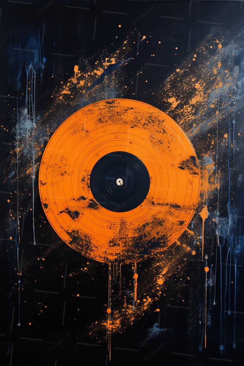 Puede incluir: Un disco de vinilo naranja vintage con una etiqueta central negra sobre un fondo oscuro con salpicaduras de pintura naranja y azul.
