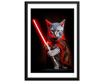 May include: A white and gray tabby cat wearing a red cape holds a glowing red lightsaber in its paws. The cat is looking directly at the camera with a serious expression.