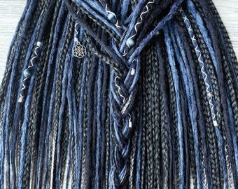Double ended crocheted dreadlocks,  blue and grey ombre synthetic dreads, boho dreadlocks, blue dreads, full set 55 DE dreadlocks