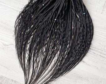 Black Boho Dreadlocks Set – 55 DE Synthetic Dreads & Textured Braids – Full Head Dread Extensions – Gothic Festival Hair – 60–65 cm