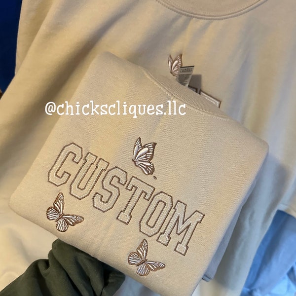 Custom Text Butterfly Trendy Embroidered Crewneck Sweatshirt