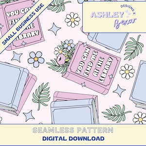 Book Seamless Pattern Digital Download, Seamless Pattern, Girly Seamless Pattern, Fabric Pattern, Library Pattern