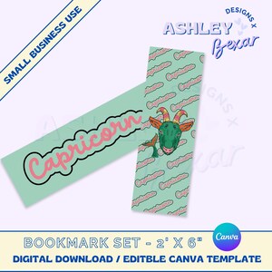 Set di segnalibri Capricorno in formato PNG, design a sublimazione, design di segnalibri, uso commerciale, download digitale, modello di segnalibro Canva, astrologia