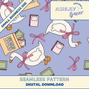 Book Seamless Pattern Digital Download, Goose Seamless Pattern, Girly Seamless Pattern, Fabric Pattern, Library Pattern