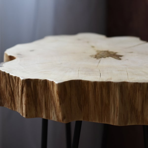 Live edge hornbeam side table - Cookie table - black metal legs - organic modern - Rustic wood slab coffee table