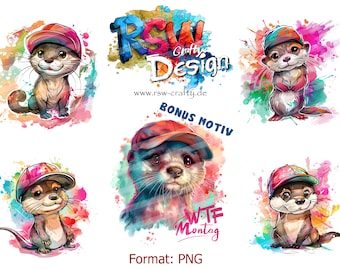 Otter Bundle 01 in cartoon style suitable for sublimation and plotting, in the format PNG / PDF transparent background