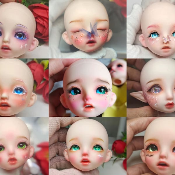 Tête de maquillage BJD à six points yeux interchangeables 3D tête mignonne finie peinte à la main maquillage BJD tête de bébé à six points