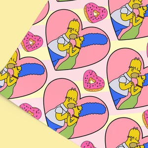 May include: A patterned paper with a repeating design of Homer and Marge Simpson kissing inside pink hearts. Pink heart-shaped donuts with sprinkles are also included in the design. The background has alternating pink and yellow stripes.