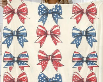American Flag Throw Blanket, Patriotic Bow Decor