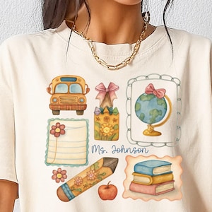 Comfort Colors Trendy Teacher Shirt, Colorful Doodle Back To School Shirt, Preppy Coquette School T-shirt, Girly Pink Bow Tee, Teacher Gifts