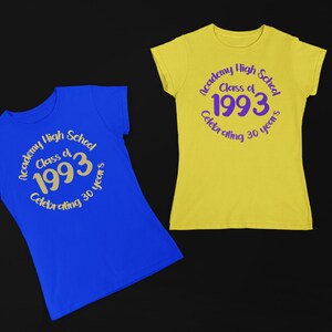 May include: Two t-shirts, one blue and one yellow, with the text "Academy High School Class of 1993 Celebrating 30 years" printed on them.