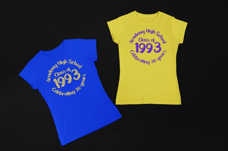 May include: Two t-shirts, one blue and one yellow, with the text "Academy High School Class of 1993 Celebrating 30 years" printed on them.