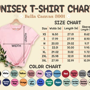 May include: Unisex t-shirt size chart with measurements in inches for width, length, and sleeve length. The chart includes sizes XS to 3XL. A color chart shows a variety of colors for the t-shirts, including black, white, heather green, yellow, heather mauve, pink, heather true royal, turquoise, red, heather red, athletic heather, dark gray heather, team purple, heather navy, charity pink, orange, light blue, true royal, heather kelly, aqua, heather mint, heather ice blue, heather peach, and natural.