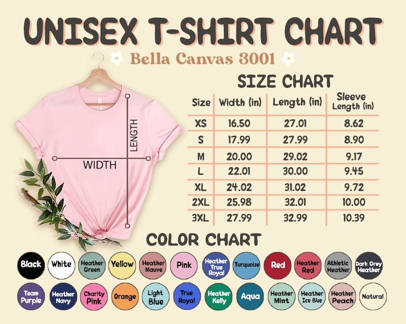 May include: Unisex t-shirt size chart with measurements in inches for width, length, and sleeve length. The chart includes sizes XS to 3XL. A color chart shows a variety of colors for the t-shirts, including black, white, heather green, yellow, heather mauve, pink, heather true royal, turquoise, red, heather red, athletic heather, dark gray heather, team purple, heather navy, charity pink, orange, light blue, true royal, heather kelly, aqua, heather mint, heather ice blue, heather peach, and natural.